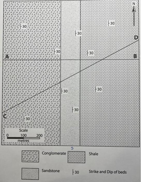 6065
A
30
30
Scale
100
metres
200
-30
30
Conglomerate
Sandstone
30
-30
S
-30
30
30
Shale
30
Strike and Dip of beds
z
B