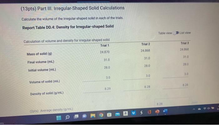 (13pts) Part III. Irregular-Shaped Solid Calculations
Calculate the volume of the irregular-shaped solid in each of the trial