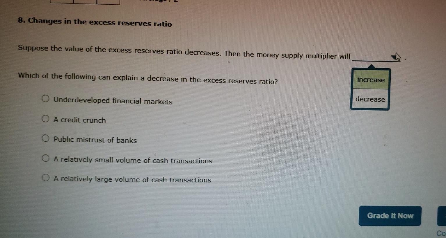 Solved 8. Changes in the excess reserves ratio Suppose the | Chegg.com