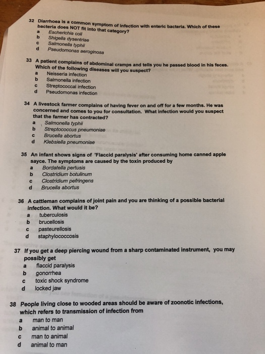 Solved 32 Dlarrhoea Is A Common Symptom Of Infection With Chegg Com