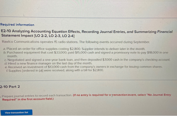 Solved Required information E2-10 Analyzing Accounting | Chegg.com