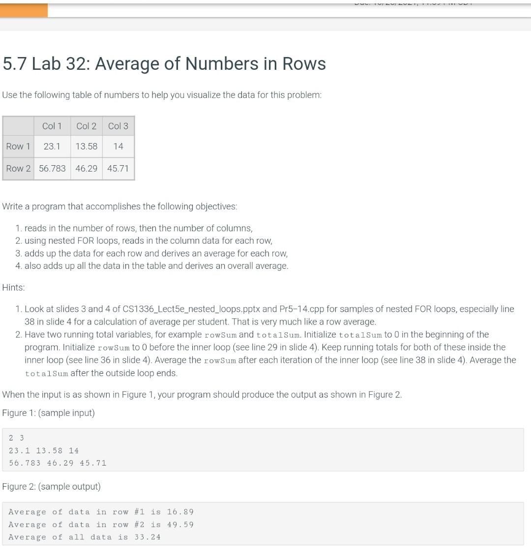 Solved vu 5.7 Lab 32 Average of Numbers in Rows Use the Chegg