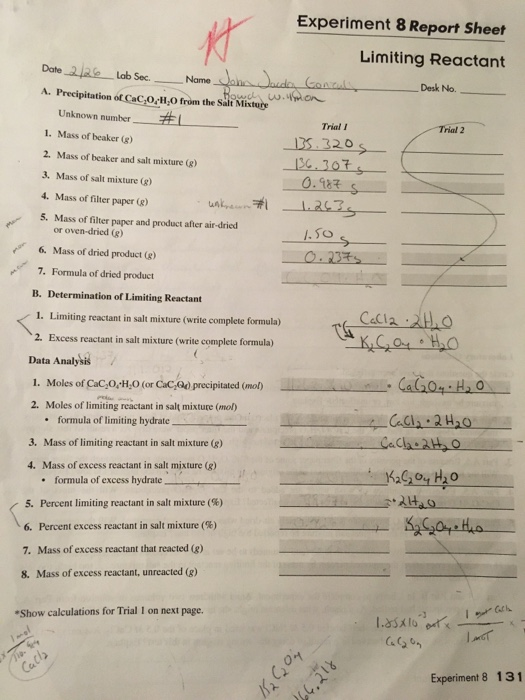 Experiment 8 Report Sheet Limiting Reactant Date