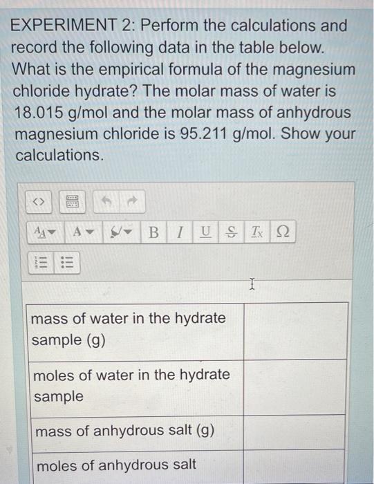 Solved EXPERIMENT 2 Perform the calculations and record the