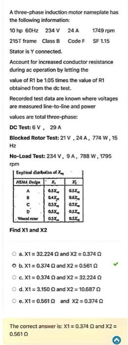 Solved A three-phase induction motor nameplate has the | Chegg.com