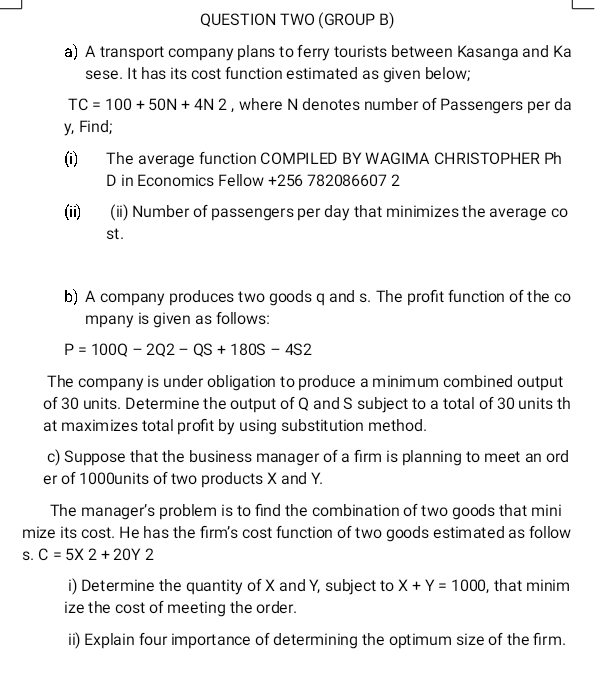 Solved QUESTION TWO (GROUP B) a) A transport company plans | Chegg.com