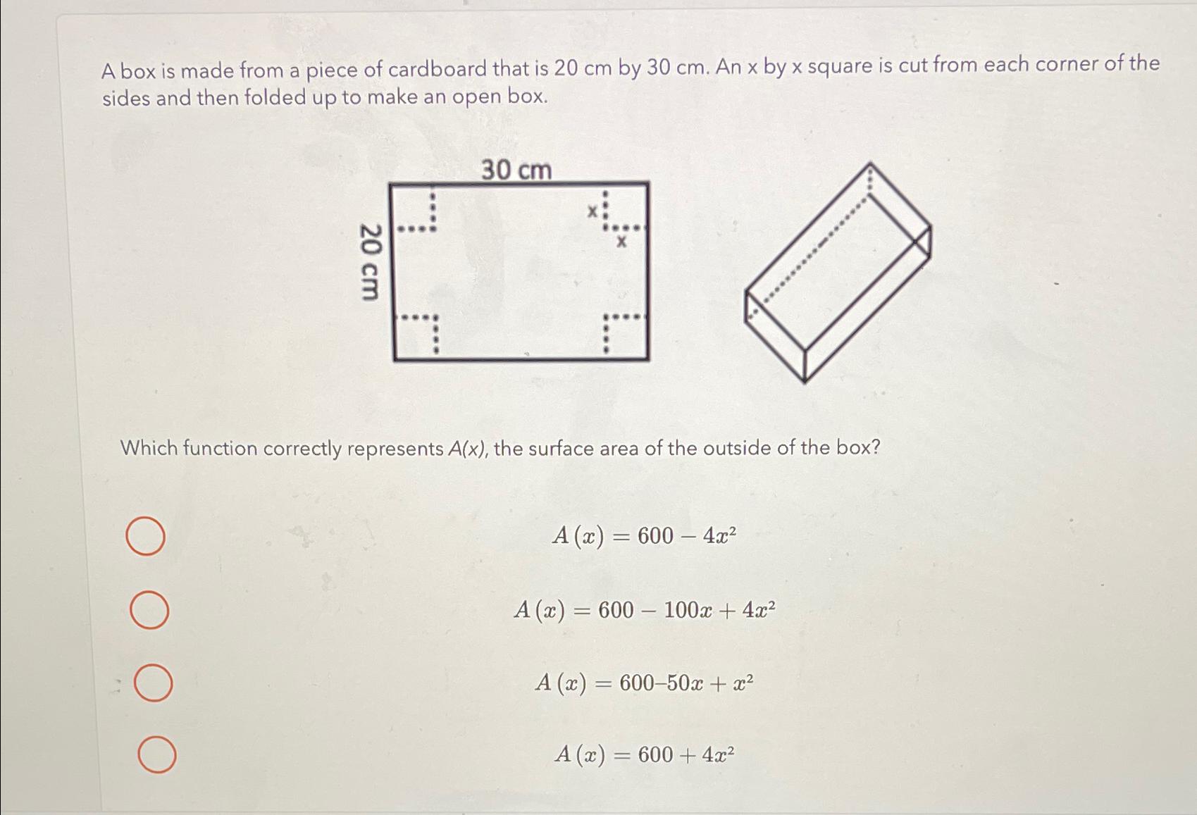 Solved A box is made from a piece of cardboard that is 20cm | Chegg.com