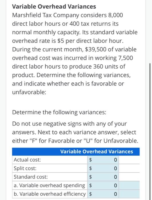Solved Variable Overhead Variances Marshfield Tax Company