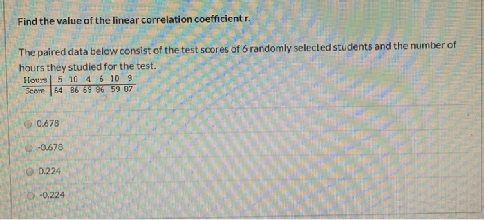 Solved Find the value of the linear correlation | Chegg.com