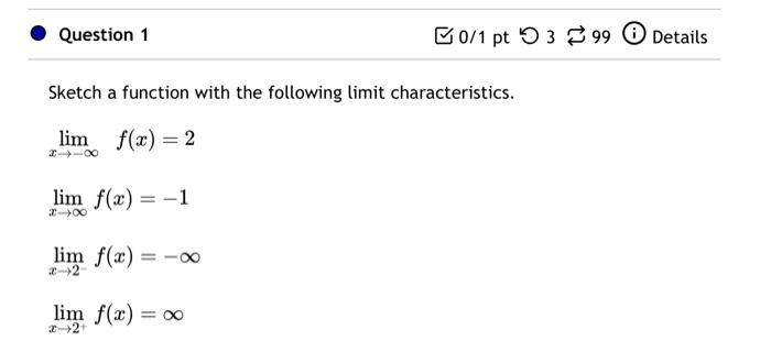 Solved Sketch a function with the following limit | Chegg.com