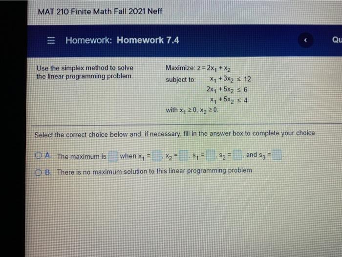 Solved = Homework: Homework 7.4 Use the simplex method to | Chegg.com
