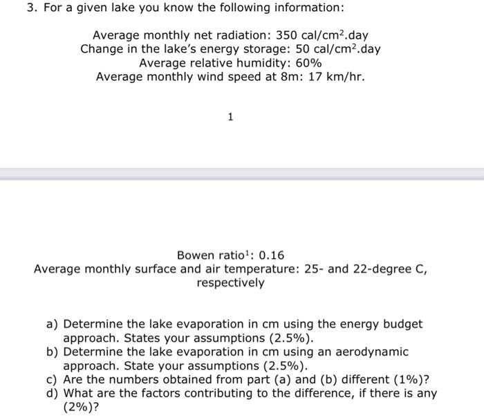 Solved 3. For A Given Lake You Know The Following | Chegg.com
