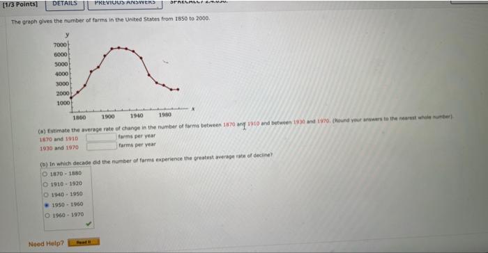 The graph gives the number of farms in the United 5 tates from 1650 to \( 2000 . \) Tarms per year 1870 and 1910 rams per yea