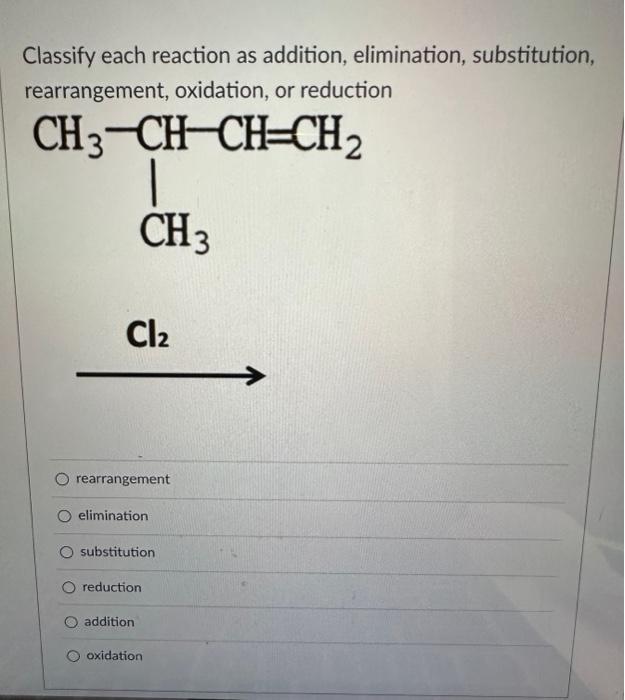 Solved Classify each reaction as addition, elimination, | Chegg.com