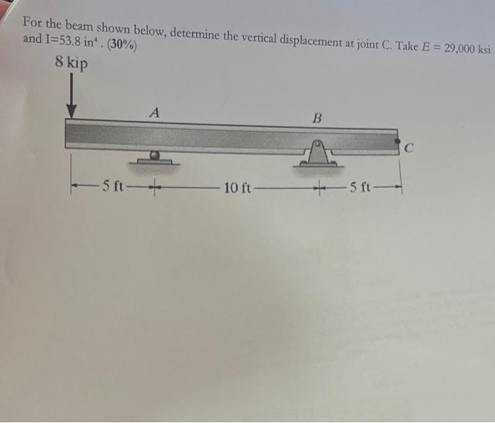 For the beam shown below, determine the vertical displacement at joint \( C \). Take \( E=29,000 \) ksi and \( \mathrm{I}=53.