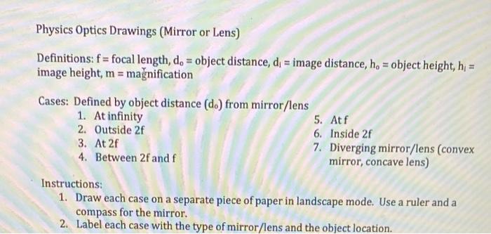 Solved Physics Optics Drawings (Mirror or Lens) Definitions: | Chegg.com