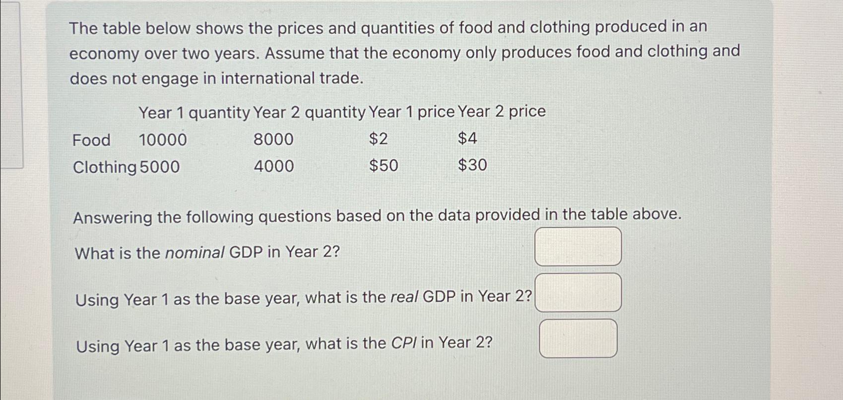 Solved The table below shows the prices and quantities of | Chegg.com