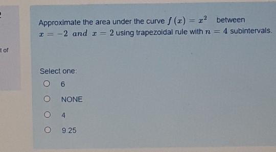 Solved - Approximate the area under the curve f () = between | Chegg.com