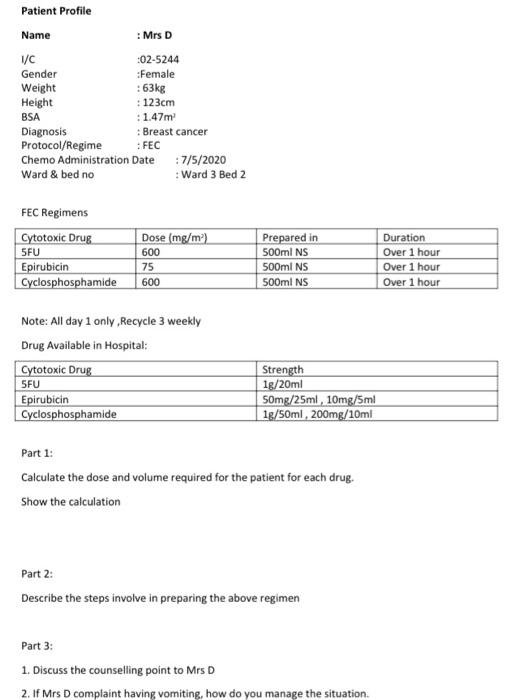 Solved FEC Regimens Note: All day 1 only, Recycle 3 weekly | Chegg.com