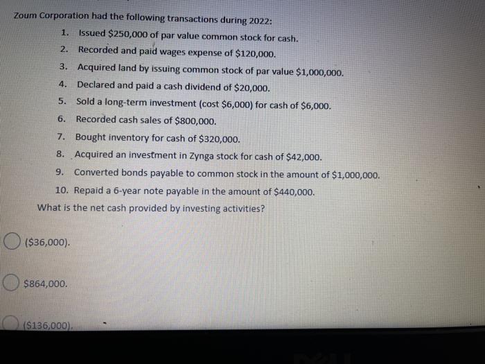 Solved Zoum Corporation had the following transactions | Chegg.com