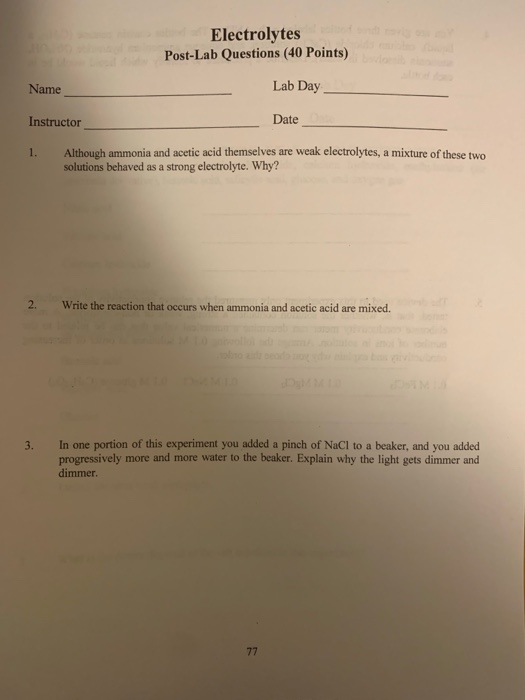 Solved Electrolytes Post Lab Questions 40 Points Name Lab Chegg Com