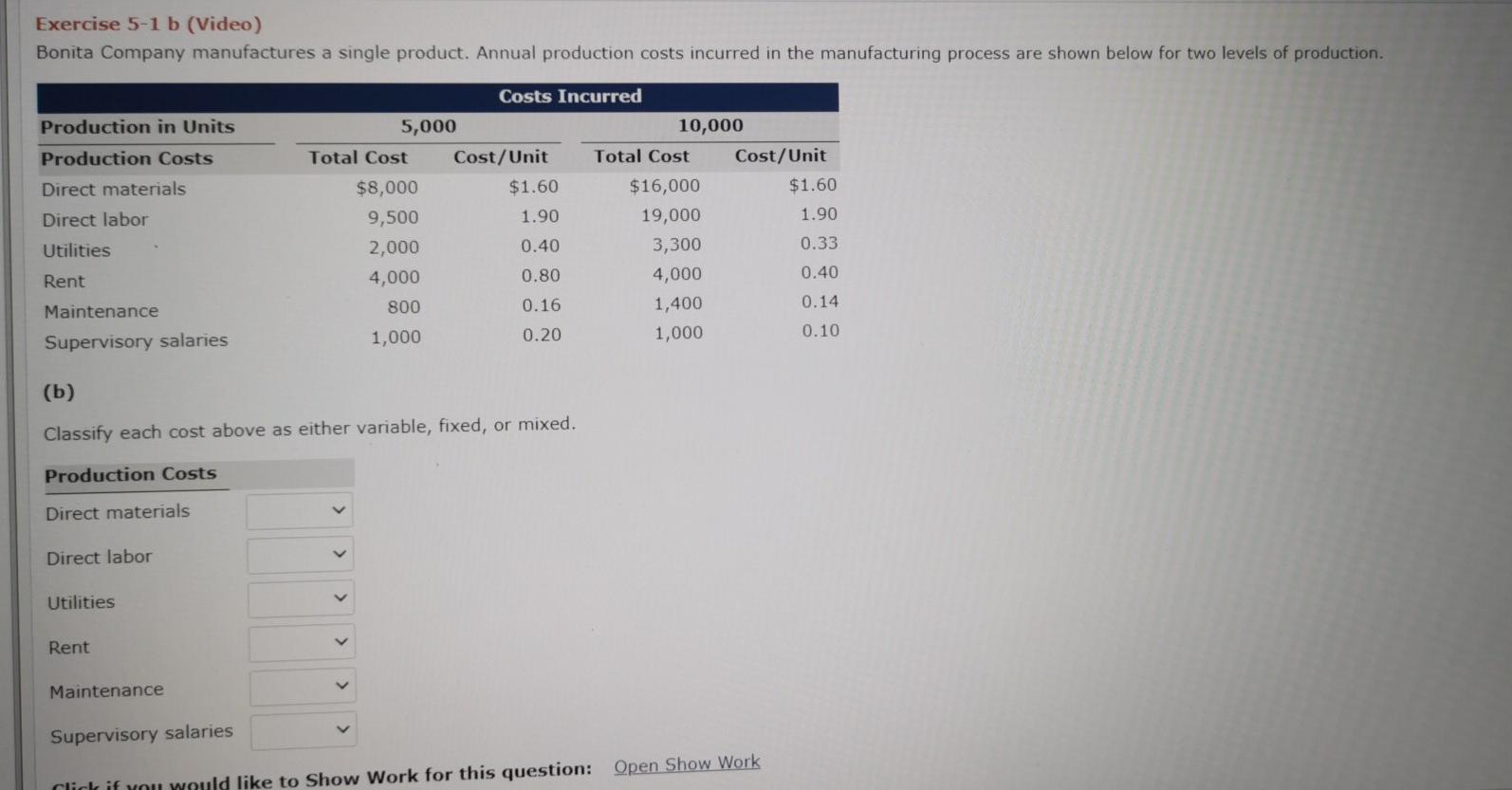 Solved Exercise 5-1 b (Video) Bonita Company manufactures a | Chegg.com