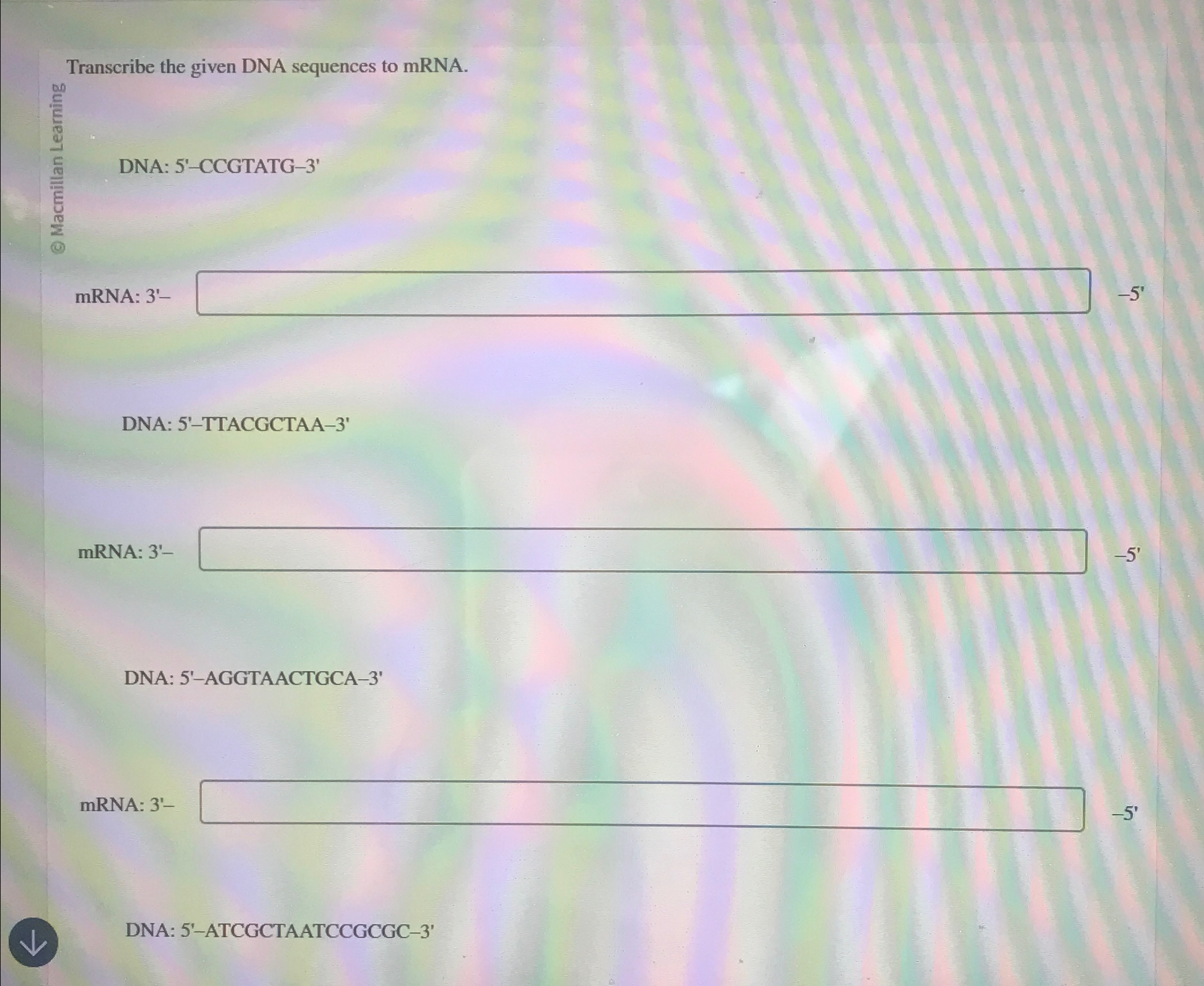 Solved Transcribe the given DNA sequences to mRNA.DNA: | Chegg.com
