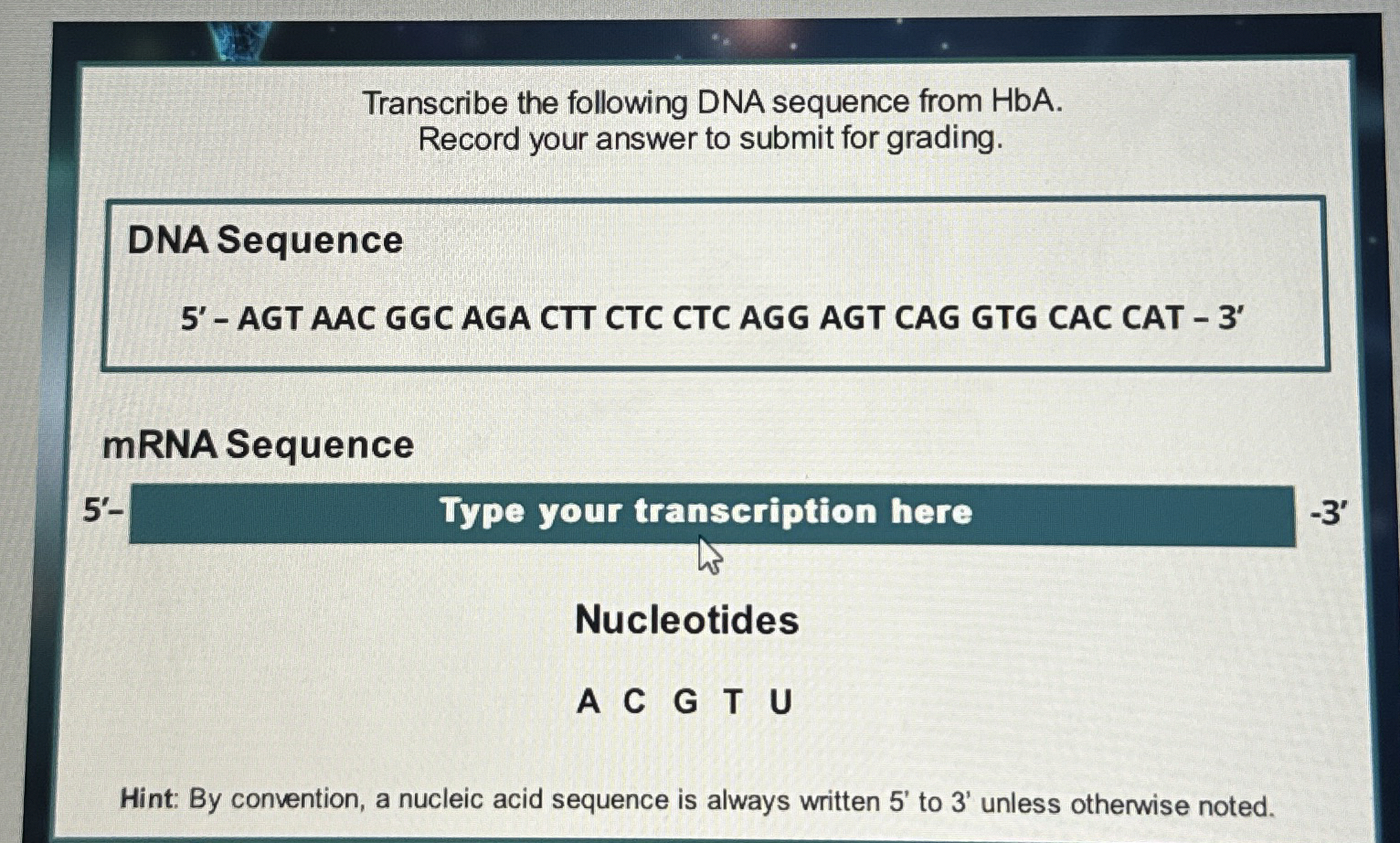 Solved Transcribe the following DNA sequence from HbA. | Chegg.com