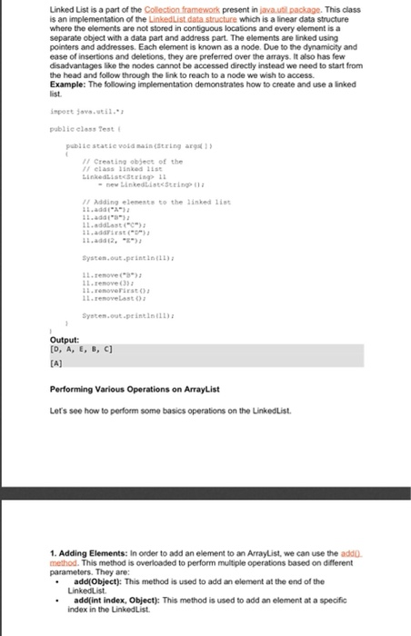 Linked List is a part of the Collection framework | Chegg.com