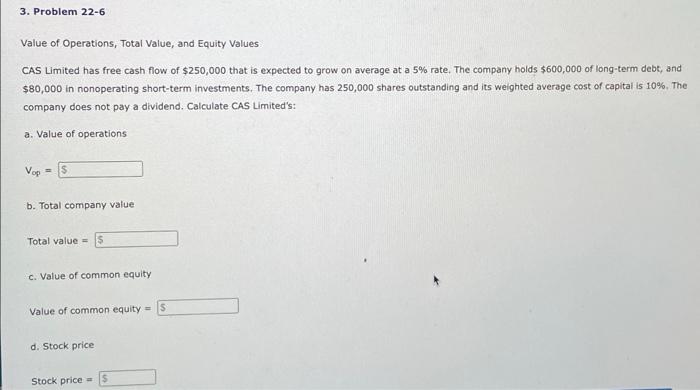 Solved Value of Operations, Total Value, and Equity Values | Chegg.com