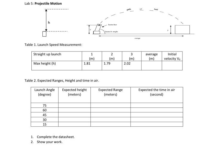 Solved Lab 5: Projectile Motion wa or Table 1. Launch Speed | Chegg.com
