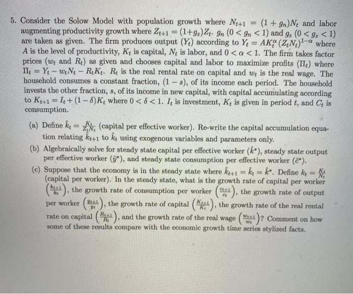Solved 5. Consider the Solow Model with population growth | Chegg.com