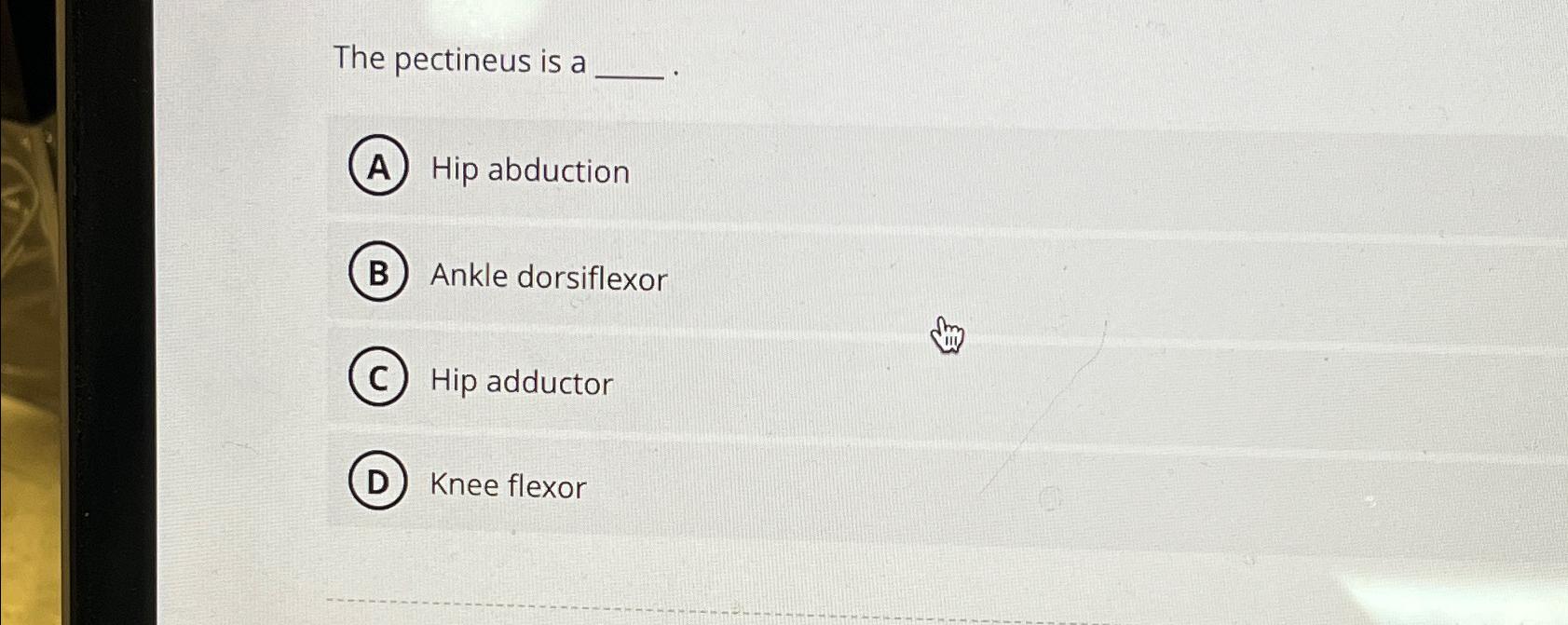Solved The pectineus is aHip abductionAnkle dorsiflexorHip