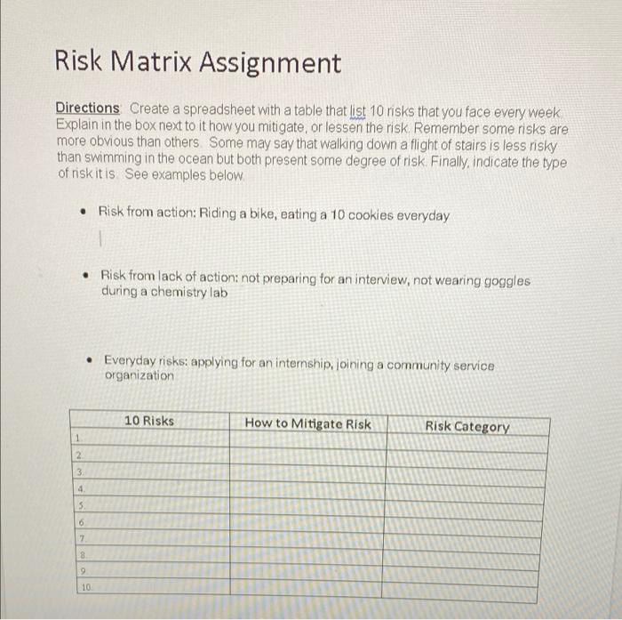 Solved Risk Matrix Assignment Directions Create a | Chegg.com