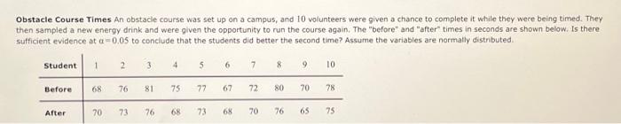 Solved Obstacle Course Times An obstacle course was set up | Chegg.com
