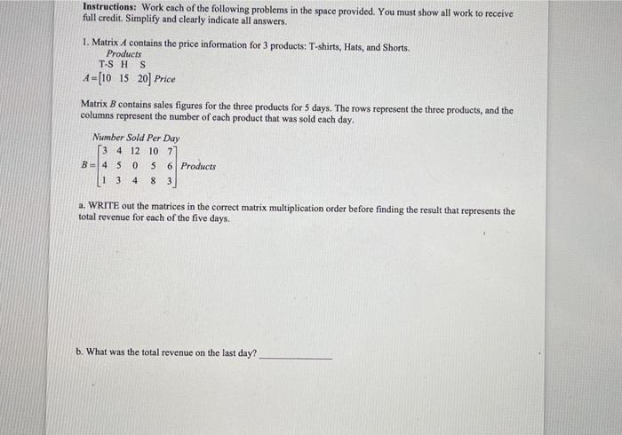 Solved Instructions: Work cach of the following problems in | Chegg.com