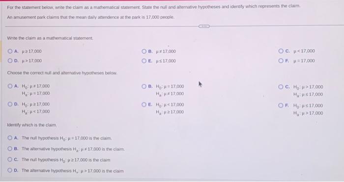 Solved For the stasement below, write the claim as a | Chegg.com