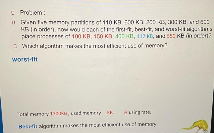 Solved Problem: - Given Five Memory Partitions Of 110 KB,600 | Chegg.com