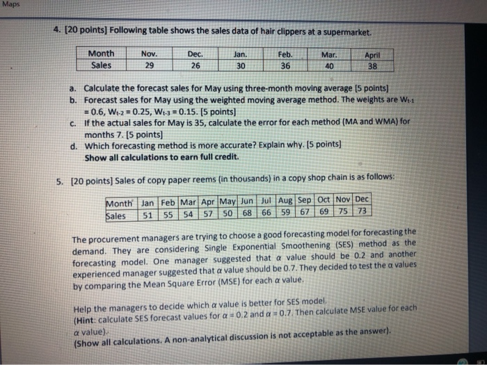 Solved Maps 4. [20 points] Following table shows the sales | Chegg.com