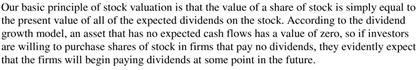 Our basic principle of stock valuation is that the value of a share of stock is simply equal to the present value of all of t