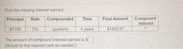 Solved Find the missing interest earned. Principal Rate | Chegg.com