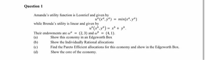 Solved Question 1 Amanda's utility function is Leontief and | Chegg.com