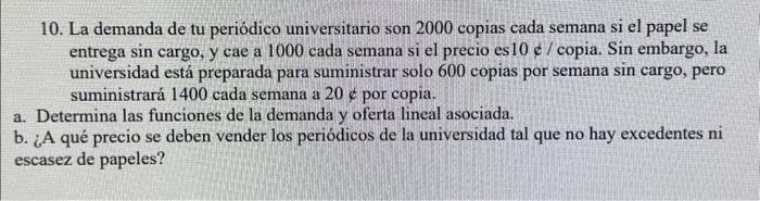 10. La demanda de tu periódico universitario son 2000 copias cada semana si el papel se entrega sin cargo, y cae a 1000 cada