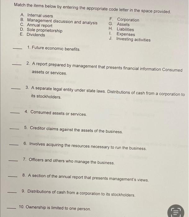 Solved Match The Items Below By Entering The Appropriate Chegg
