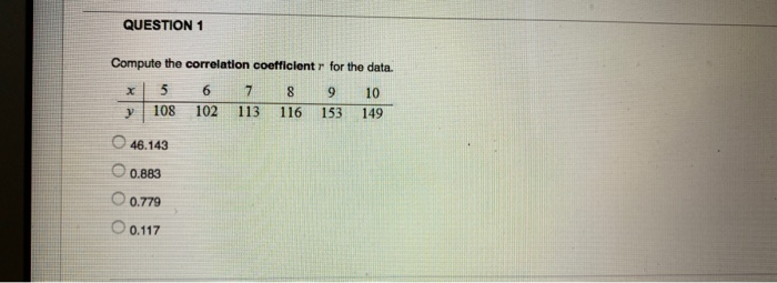 Solved QUESTION 1 Compute the correlation coefficient x 5 6 | Chegg.com