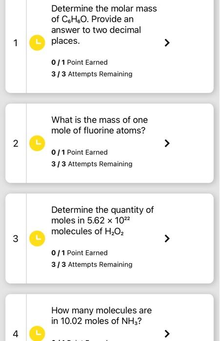 Determine the molar mass of \( \mathrm{C}_{6} \mathrm{H}_{6} \mathrm{O} \). Provide an answer to two decimal
1
L places.
0 /