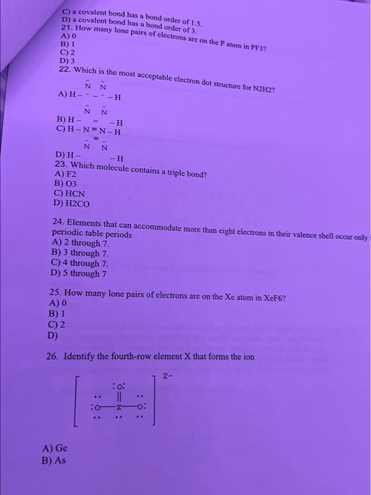 Solved C) a covalent bond has a bond order of 1.5 D) a