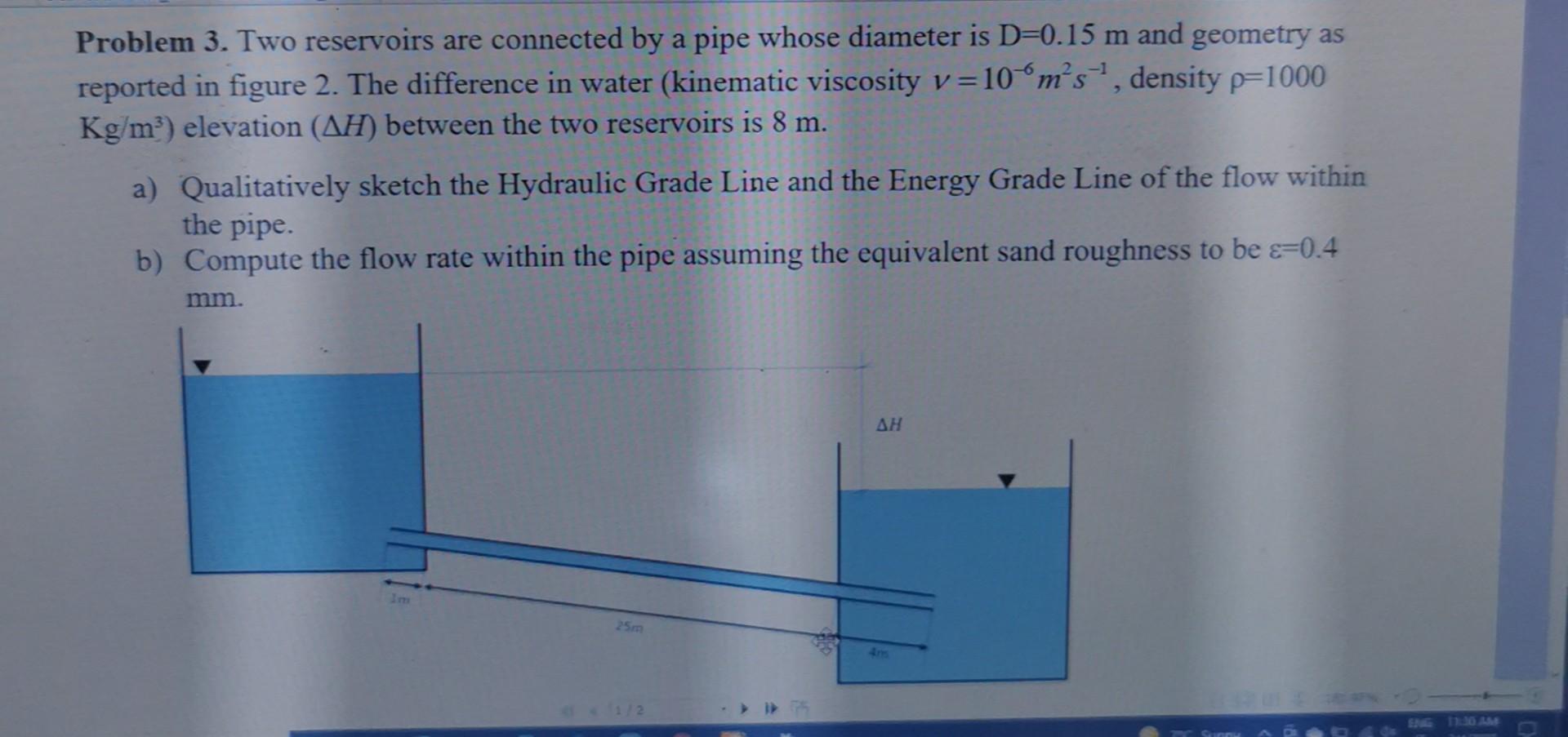 Solved -1 Problem 3. Two Reservoirs Are Connected By A Pipe | Chegg.com