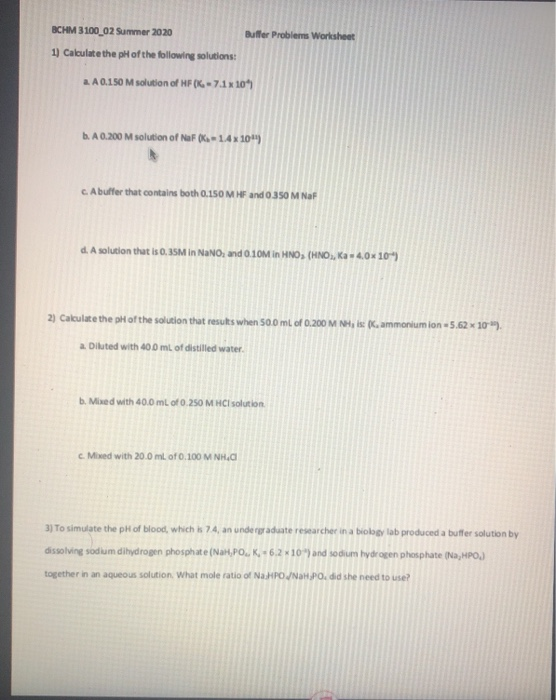 Solved BCHM 3100_02 Summer 2020 Buffer Problems Worksheet 1)