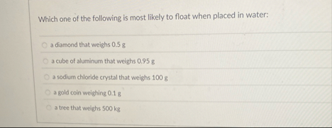 Solved Which one of the following is most likely to float | Chegg.com